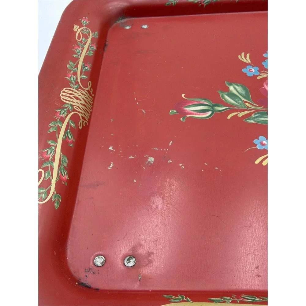 Vintage TV Bed Lap Tray MCM Tole Painted Red Floral Folding Cottage Core